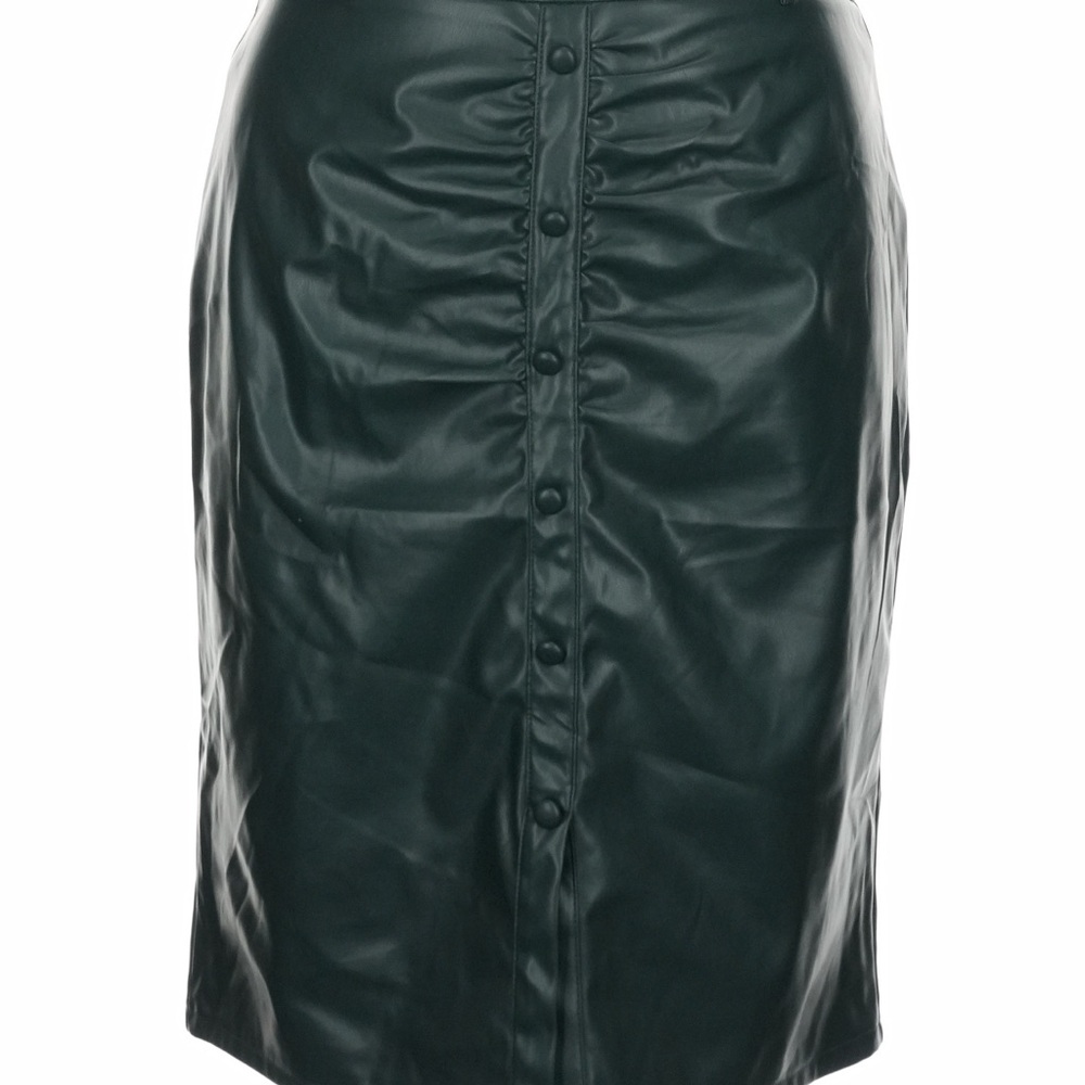 High-Shine Dark Green Faux Leather Pencil Skirt with Front Buttons